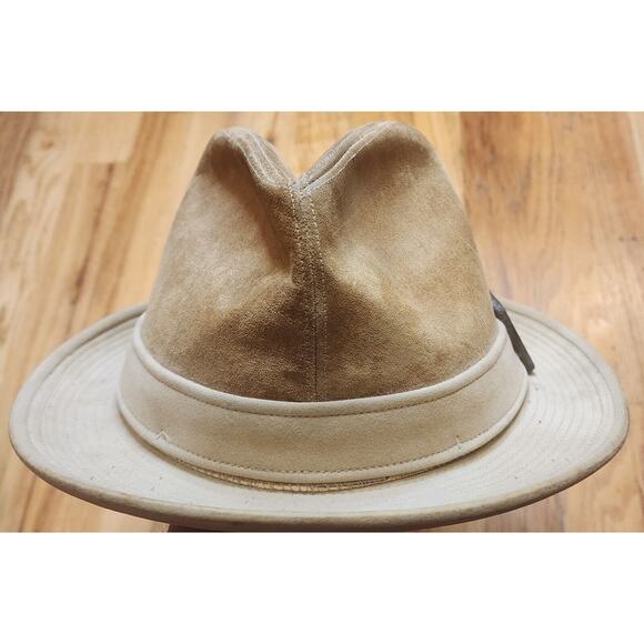 VTG 70’s Cavanagh New York Tan Suede Fedora Hat With Feather Detail Size 7 3/8 - Picture 3 of 9